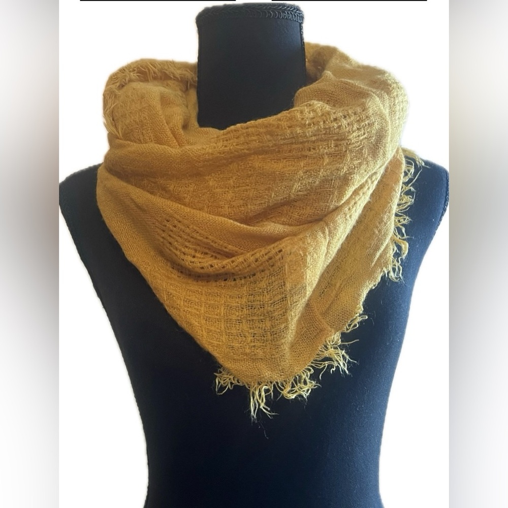 Mustard Acrylic Infinity Scarf with fringe- Women Accessory. One size fits all.